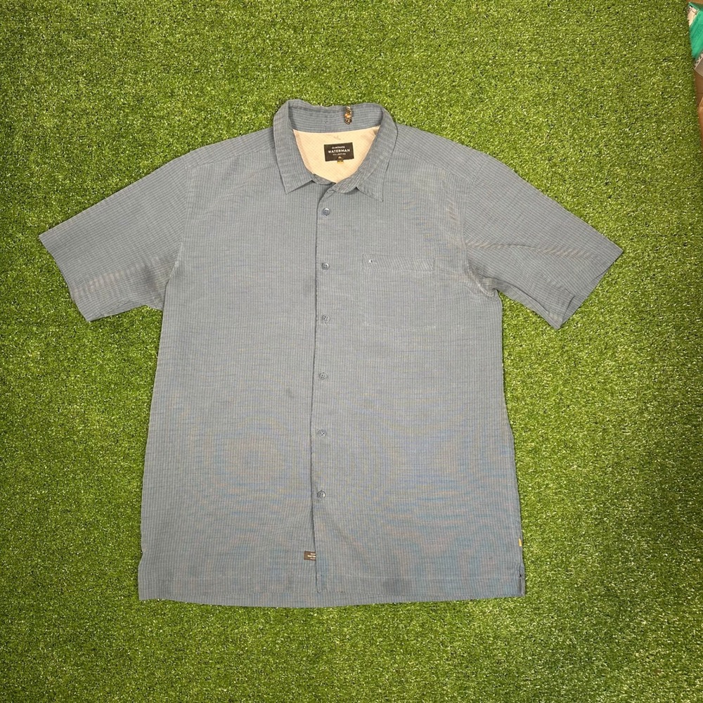 Quiksilver Waterman Mens Large Blue Grid Textured Short Sleeve Button Up Shirt